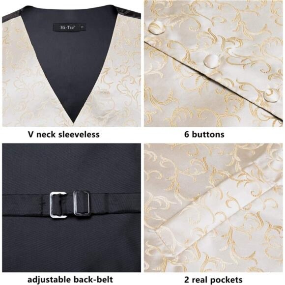 Men's Silk Vest Bowtie Set Formal Suit Vest Jacquard Tie Handkerchief - Picture 4 of 6